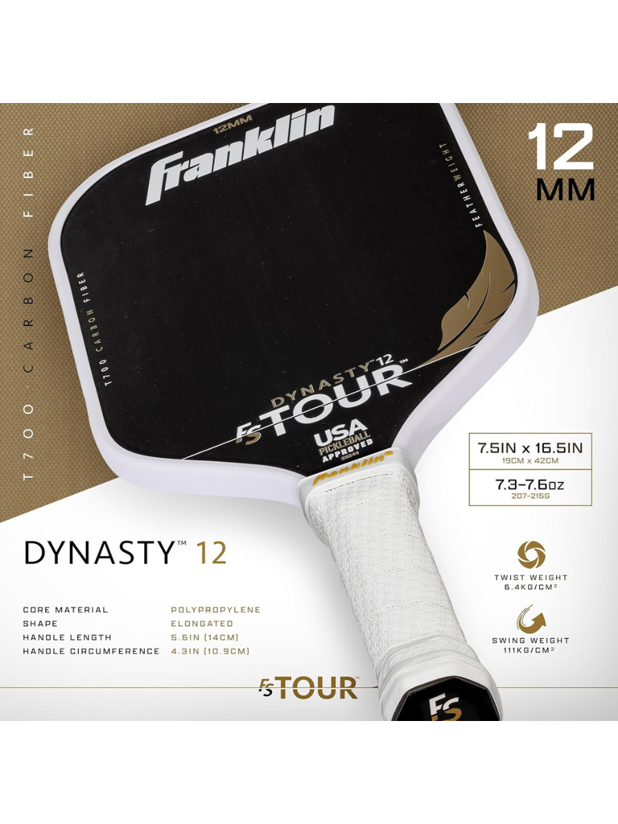 FRANKLIN FS Tour Featherweight Dynasty 12mm Pickleball Paddle - White