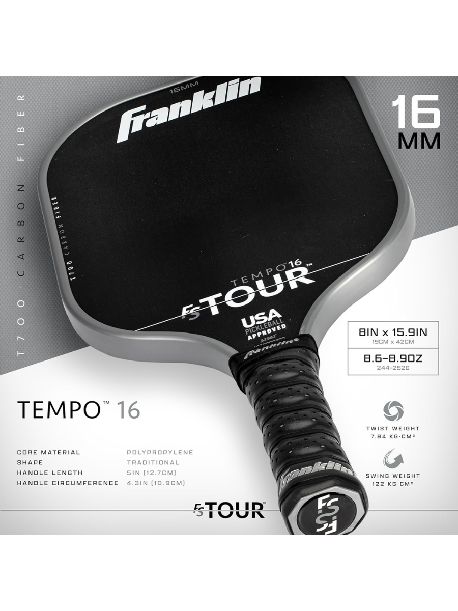 FRANKLIN FS Tour Tempo 16mm Pickleball Paddle - GRAY