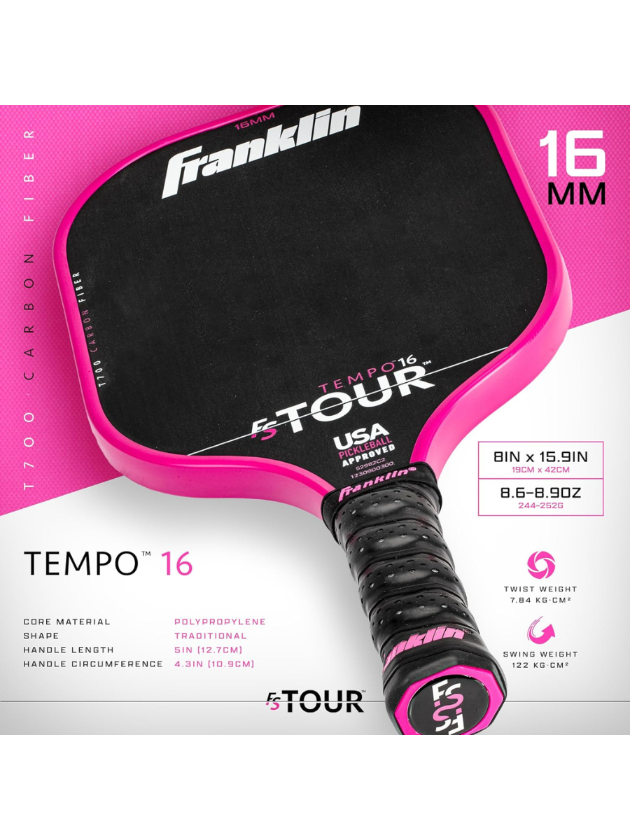 FRANKLIN FS Tour Tempo 16mm Pickleball Paddle - PINK